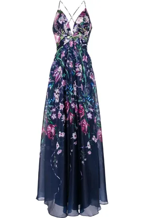 Marchesa Notte Ribbons floral-print chiffon gown