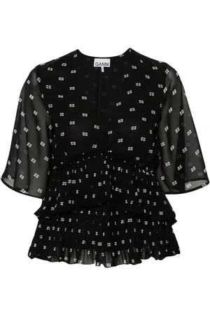Ganni Graphic-print V-neck pleated blouse