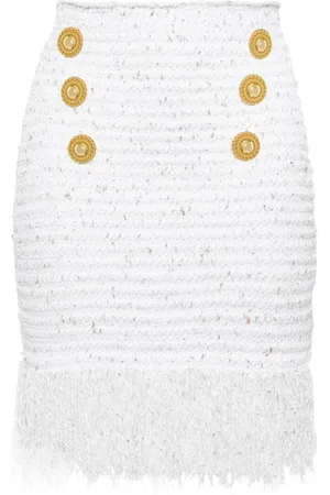 Balmain 6-Button fringed tweed skirt