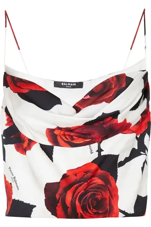 Balmain Roses-print draped satin top