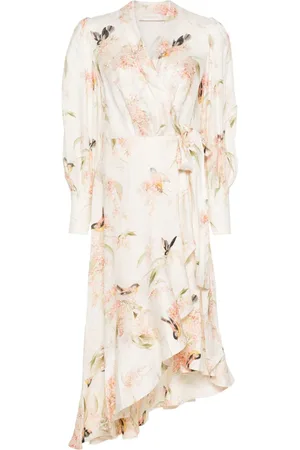 ZIMMERMANN Coral Birds-print wrap midi dress