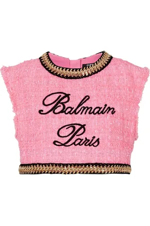 Balmain Logo-embroidered tweed crop top