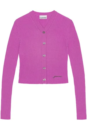 Ganni Logo-embroidered ribbed cardigan