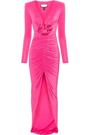 NISSA Floral-appliqué satin maxi dress