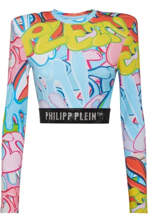 Philipp Plein Padded Shoulder Cropped Top LS Bombing Graffiti