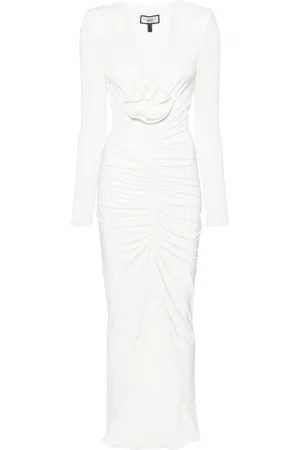 NISSA Rose-appliqué ruched maxi dress