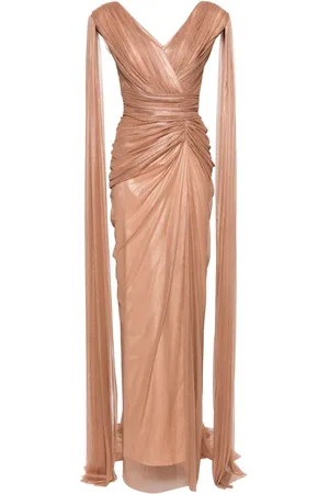 RHEA COSTA V-neck asymmetric ruched gown