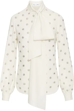 Oscar de la Renta Crystal-embellished tie-neck blouse