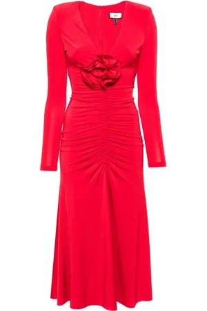 NISSA Floral-appliqué ruched gown