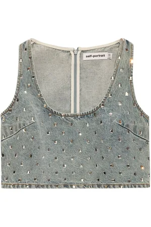 Self-Portrait Rhinestone-embellished denim top