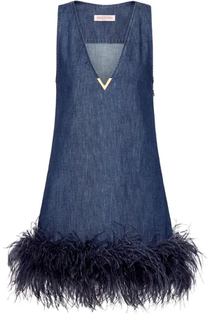 VALENTINO GARAVANI Feather-trim denim dress