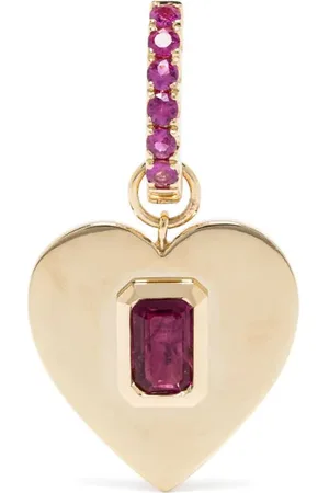 Roxanne First 14kt yellow Heart ruby huggie earring