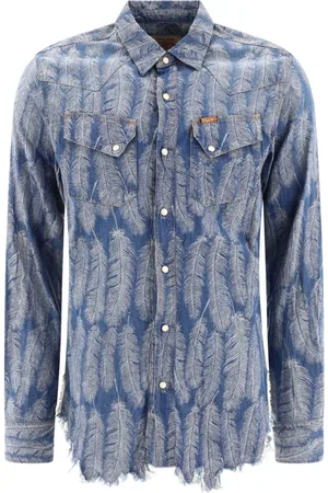 KAPITAL Magpie distressed denim-jacquard shirt