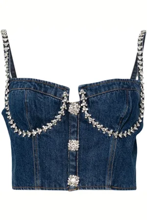 Self-Portrait Crystal-embellished denim bustier top
