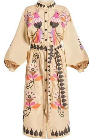 Farm Rio Khaki Flower Bird Embroidered midi dress