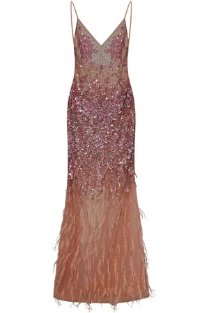 ROOM76 Sequin-feather embellished v-neck dress