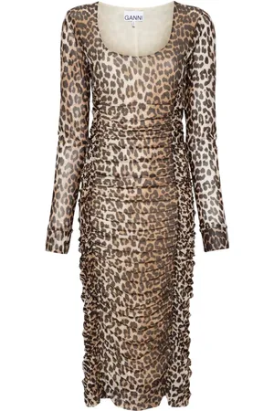 Ganni Leopard-print ruched-detail midi dress