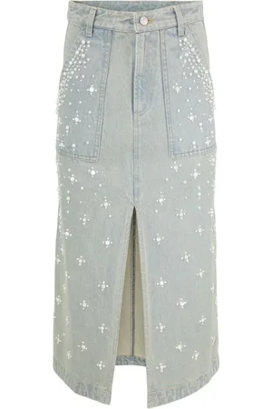SEA Pearl-embellished denim midi skirt