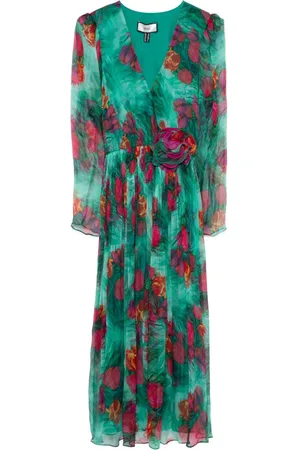 NISSA Floral-appliqué silk midi dress