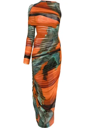 MUGLER Archive-print asymmetrical mesh dress