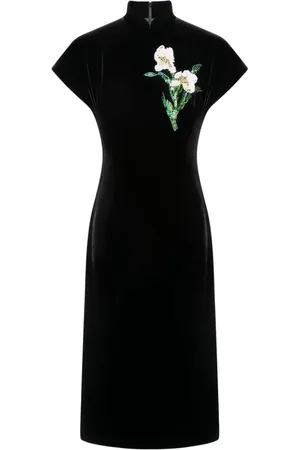 SHANGHAI TANG Floral-appliqué velvet qipao dress