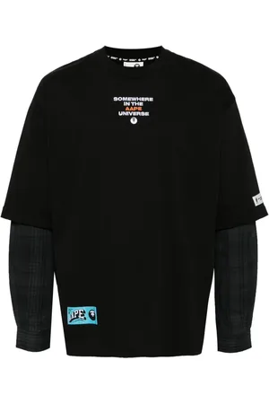 A Bathing Ape Moonface plaid-panelled long-sleeve tee