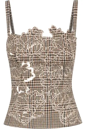 Oscar de la Renta Peony guipure-appliqué plaid tank top
