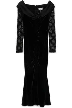 NISSA Floral-appliqué velvet midi dress