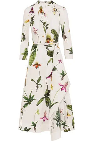 Oscar de la Renta Orchid 3/4 sleeve cotton-poplin dress