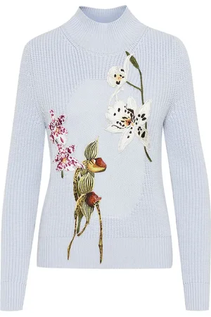 Oscar de la Renta Orchid Embroidered Portrait sweater