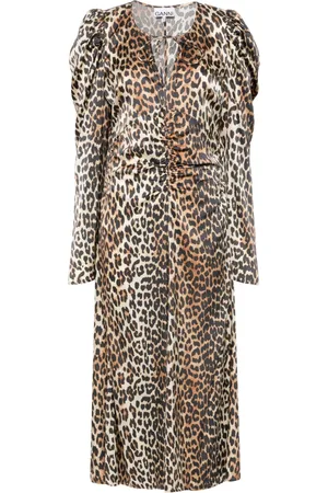 Ganni Leopard-print ruched midi dress