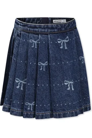 Self-Portrait Ribbon-print pleated denim dress