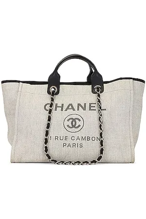 CHANEL Matelasse logo Tote Bag Hand Bag Cotton Canvas Ivory x Black