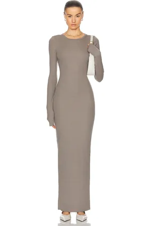 ÉTERNE Long Sleeve Crewneck Maxi Dress in Taupe