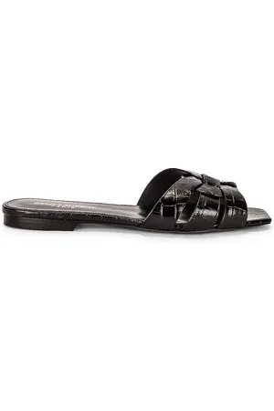 Saint Laurent Tribute Nu Pieds Embossed Croc Flat Sandals in Black