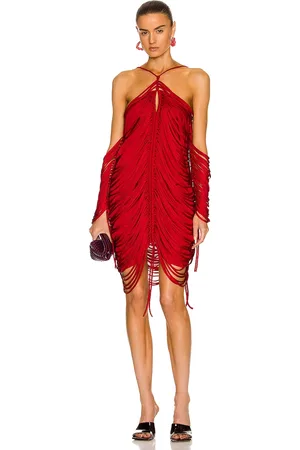 Bottega Veneta Shiny Viscose Fringe Knit Dress in Red