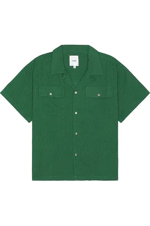 Found Textured Linen Short Sleeve Camp Shirt in Green