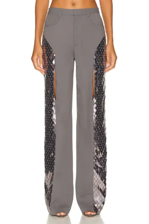 LAPOINTE Metal Embroidery Pebble Crepe Slit Front Pant in Grey