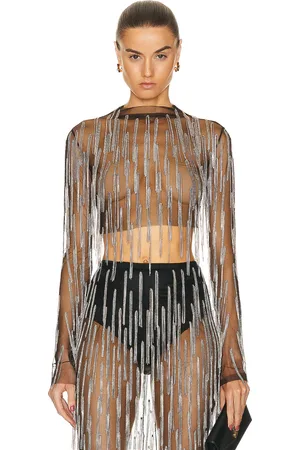 LAPOINTE Mesh Diamond Fringe Long Sleeve Mock Top in