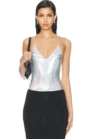 Norma Kamali Low Back Fara Slip Mio Bodysuit in Metallic Silver