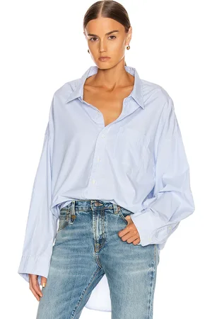 R13 Drop Neck Oxford Shirt in Blue,Stripes