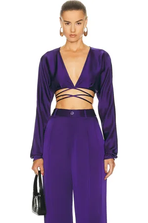 LAPOINTE Doubleface Satin Long Sleeve Tie Waist Top in Purple