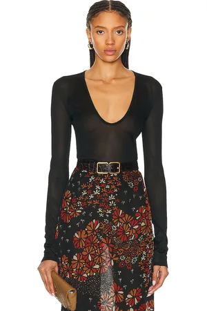 Saint Laurent Plunge Neck Sheer Top in Black