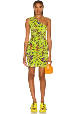 Bottega Veneta Crinkled Banana Print One Shoulder Dress in Green