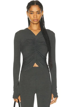 Norma Kamali Long Sleeve V Neck Shirred Front Top in Charcoal