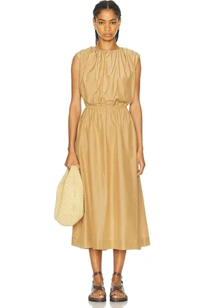 Loulou de Saison Aphrodite Long Sleeveless Dress With Gathers in Tan