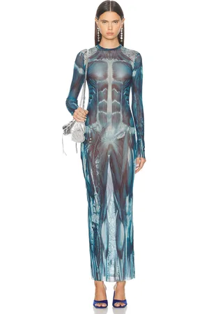 Jean Paul Gaultier Ecorche Mesh Long Printed Dress in Blue