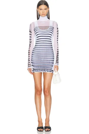 Jean Paul Gaultier Feathers Mariniere Printed Short Dress in White