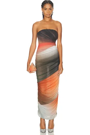 The Attico Strapless Midi Dress in Brown,Orange