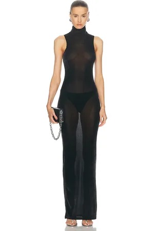 PRISCAVera Velvet Mesh Turtleneck Maxi Dress in Black